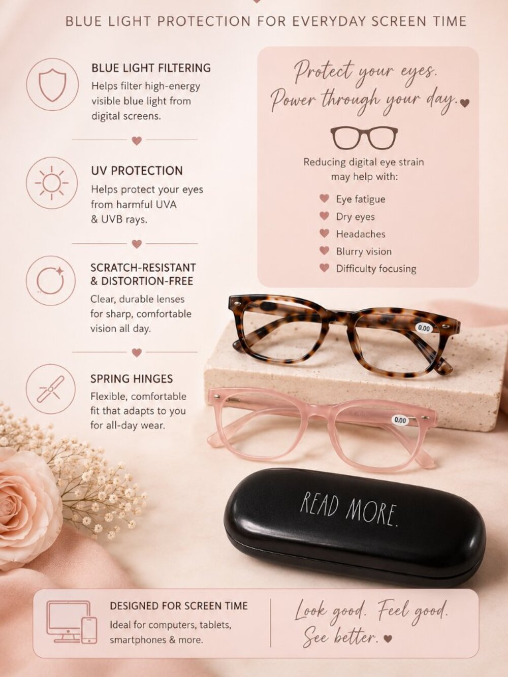 Rae Dunn Blue Light Blocking Glasses 2 Pair Pink Tortoise + Case 0.00 NWT - Picture 2 of 3